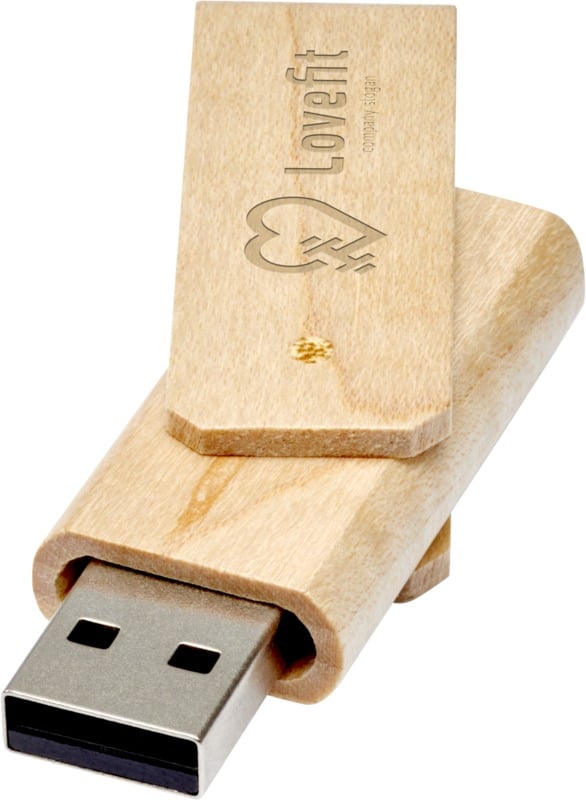 Draaibare houten USB - Lichtbruin, bedrukt of gegraveerd met logo, bestseller!